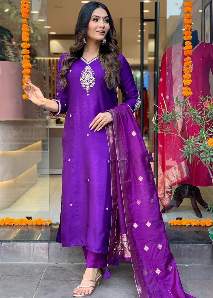 3 Pc Violet Pure Readymade Chanderi Suit Set