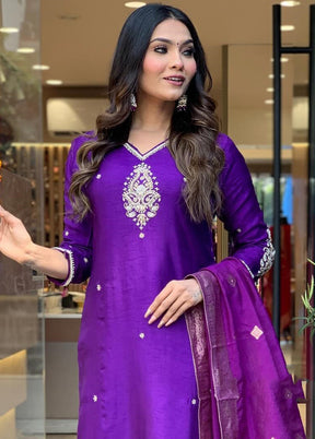 3 Pc Violet Pure Readymade Chanderi Suit Set