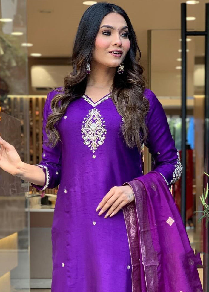 3 Pc Violet Pure Readymade Chanderi Suit Set