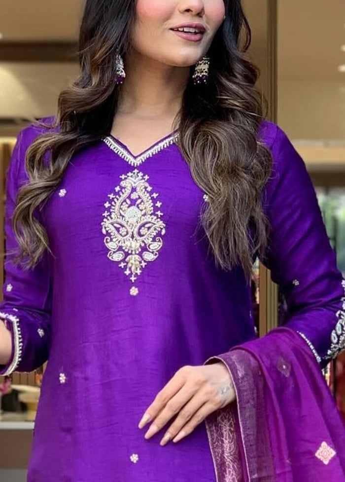 3 Pc Violet Pure Readymade Chanderi Suit Set