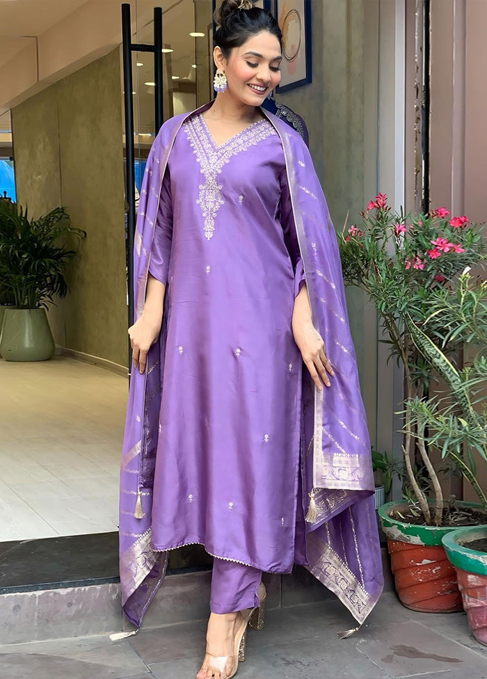 3 Pc Lavender Readymade Viscose Suit Set