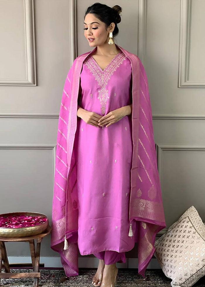 3 Pc Pink Readymade Viscose Suit Set