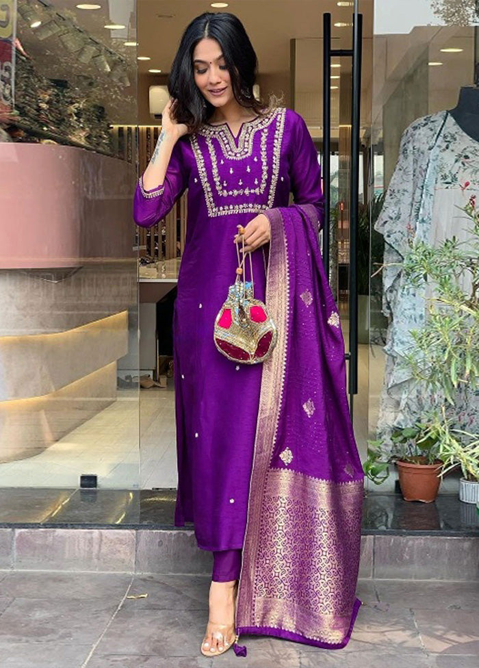 3 Pc Purple Readymade Viscose Suit Set