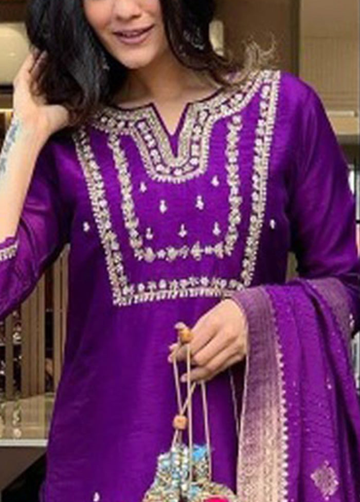 3 Pc Purple Readymade Viscose Suit Set