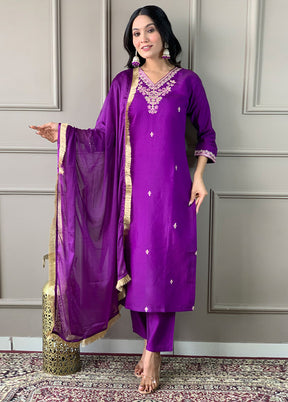 3 Pc Violet Readymade Viscose Suit Set