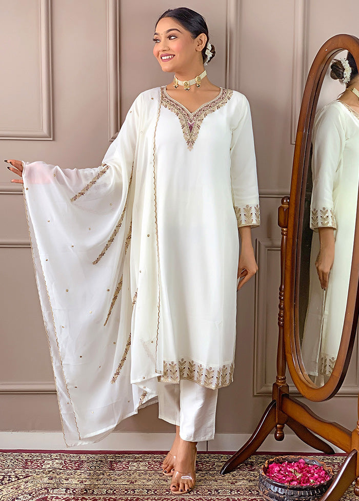 3 Pc White Readymade Georgette Suit Set