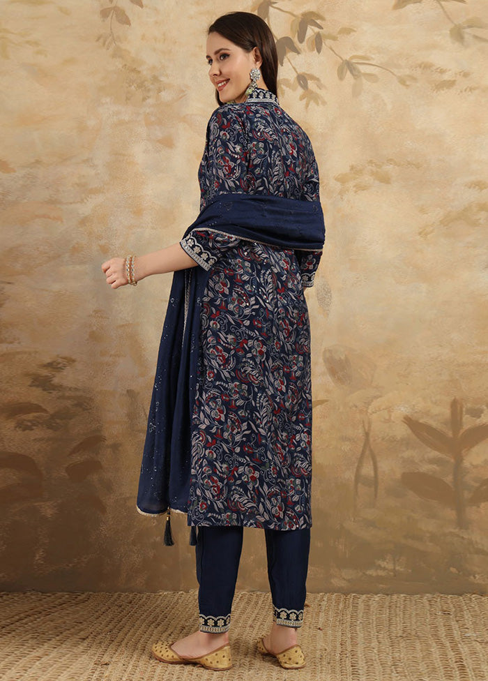 3 Pc Navy Blue Readymade Viscose Suit Set