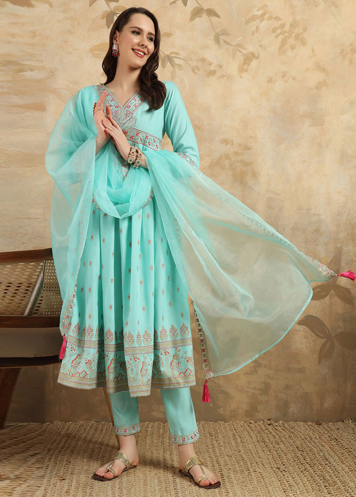 3 Pc Sky Blue Readymade Rayon Suit Set