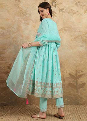 3 Pc Sky Blue Readymade Rayon Suit Set