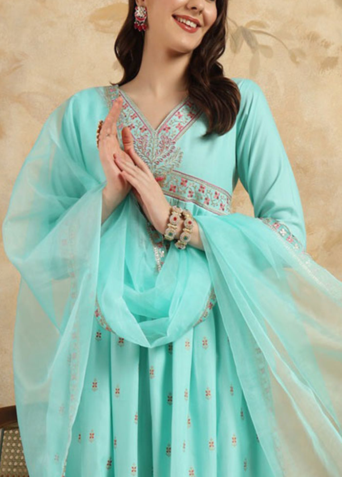 3 Pc Sky Blue Readymade Rayon Suit Set