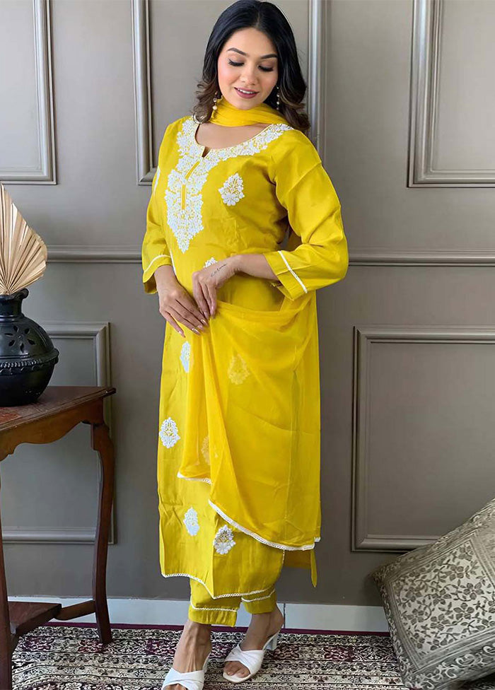 3 Pc Yellow Readymade Viscose Suit Set