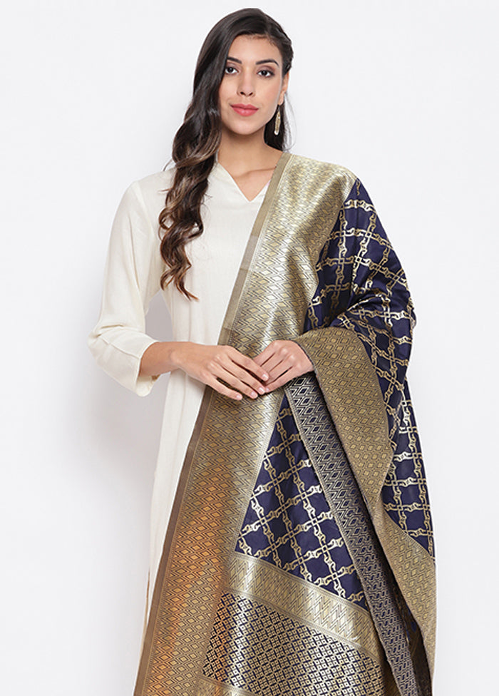 Navy Blue Zari Woven Ethnic Dupatta - Indian Silk House Agencies