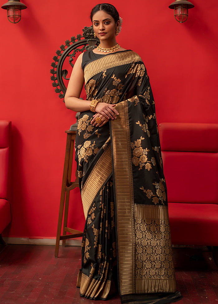 Black Spun Silk Saree With Blouse Piece - Indian Silk House Agencies