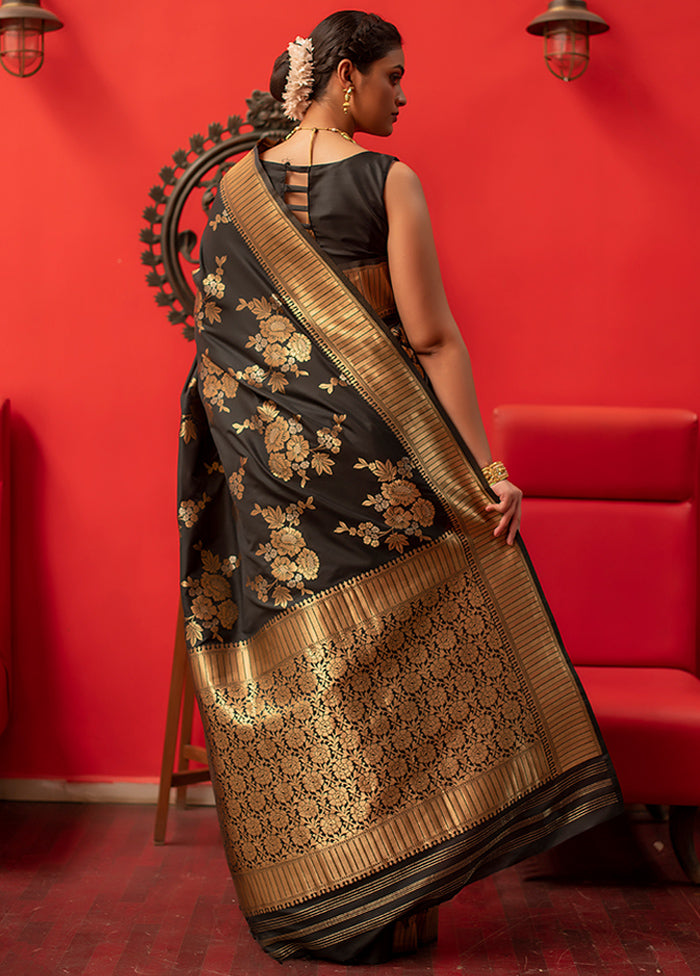 Black Spun Silk Saree With Blouse Piece - Indian Silk House Agencies