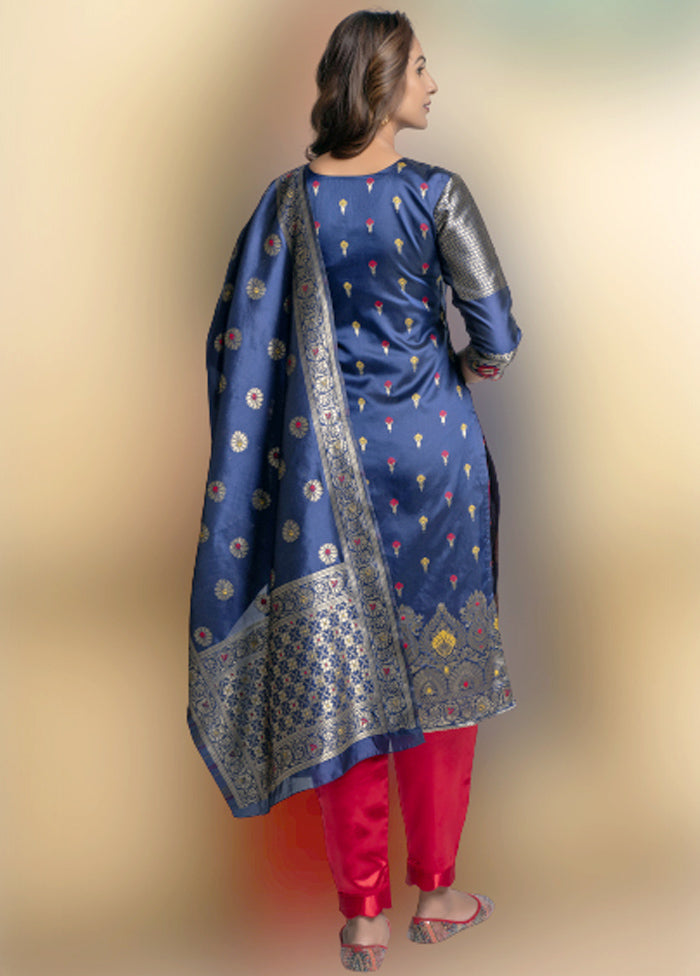 3 Pc Blue Unstitched Silk Suit Set With Dupatta VDLL002270746 - Indian Silk House Agencies