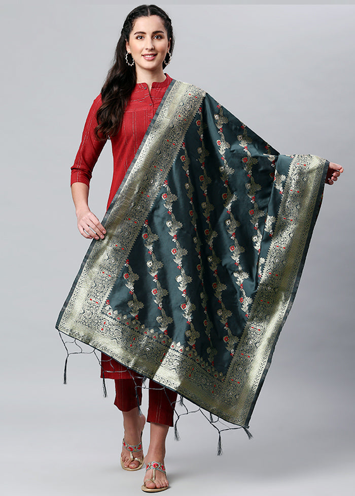 Dark Grey Zari Woven Ethnic Dupatta - Indian Silk House Agencies