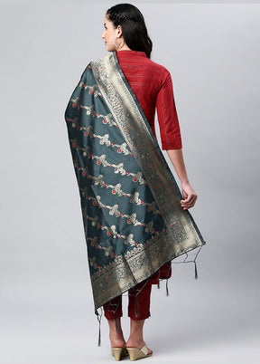 Dark Grey Zari Woven Ethnic Dupatta - Indian Silk House Agencies