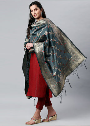 Dark Grey Zari Woven Ethnic Dupatta - Indian Silk House Agencies