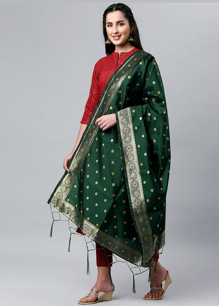 Dark Green Zari Woven Ethnic Dupatta - Indian Silk House Agencies