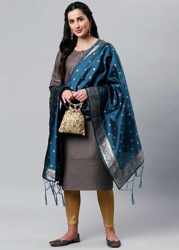 Indigo Blue Zari Woven Ethnic Dupatta - Indian Silk House Agencies