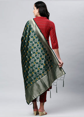 Dark Green Zari Woven Ethnic Dupatta - Indian Silk House Agencies