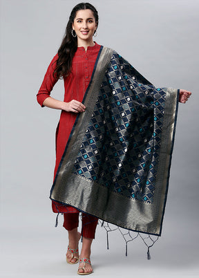 NavyBlue Zari Woven Ethnic Dupatta - Indian Silk House Agencies