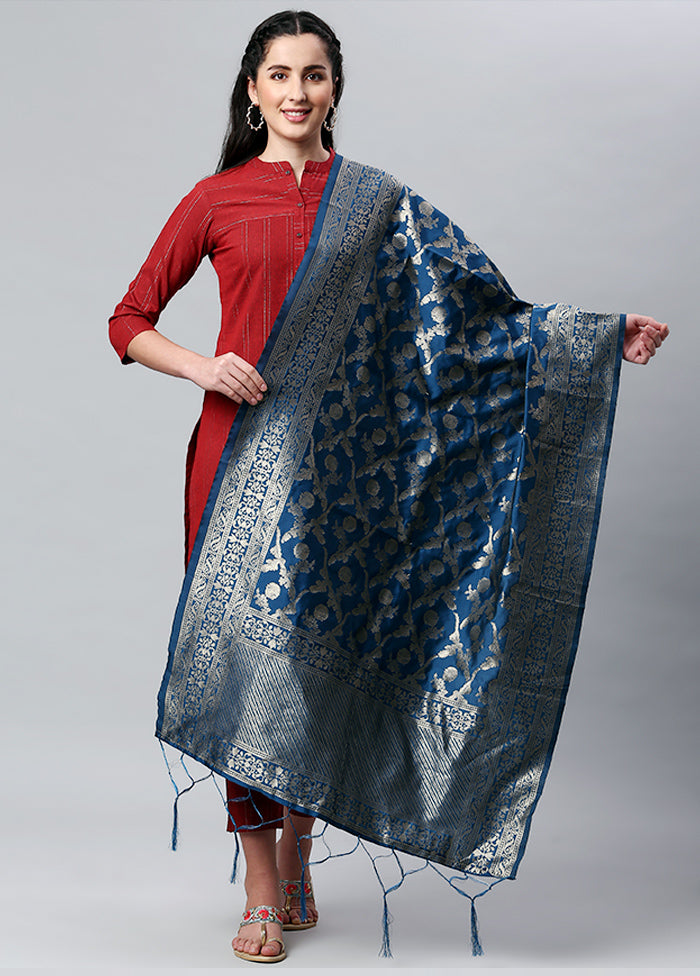 Indigo Blue Zari Woven Ethnic Dupatta - Indian Silk House Agencies