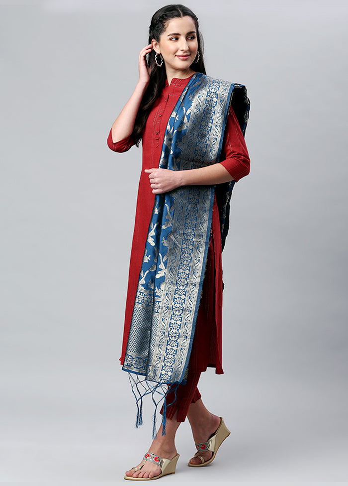 Indigo Blue Zari Woven Ethnic Dupatta - Indian Silk House Agencies