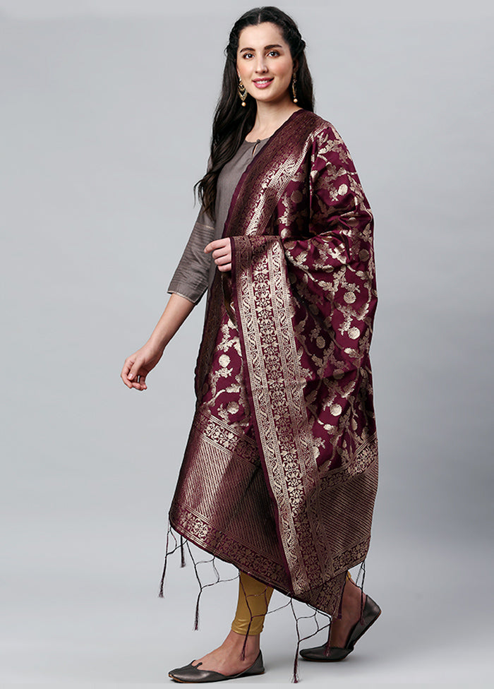 Wine Zari Woven Ethnic Dupatta - Indian Silk House Agencies