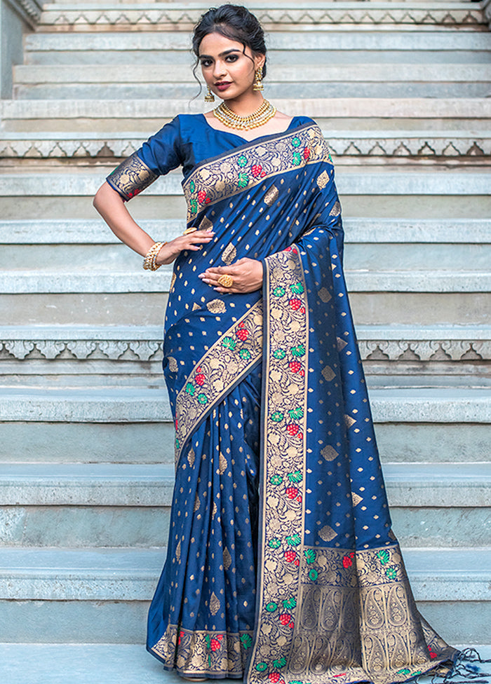 Navy Blue Spun Silk Saree With Blouse Piece - Indian Silk House Agencies