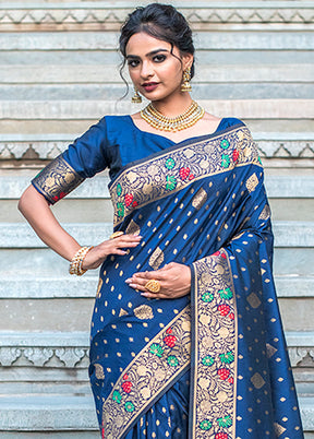 Navy Blue Spun Silk Saree With Blouse Piece - Indian Silk House Agencies