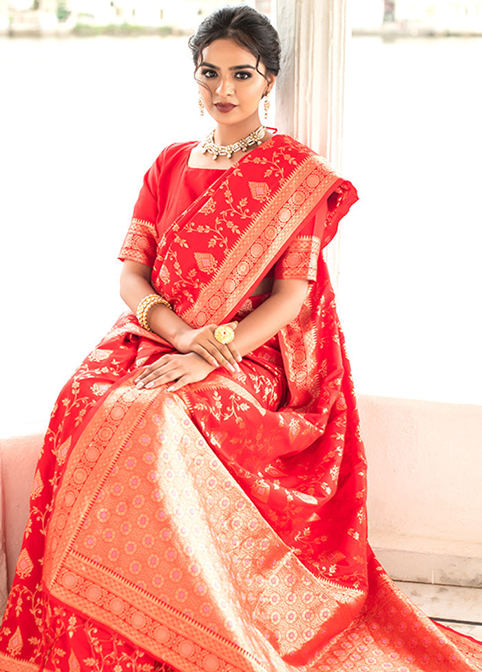 Red Spun Silk Saree With Blouse Piece - Indian Silk House Agencies