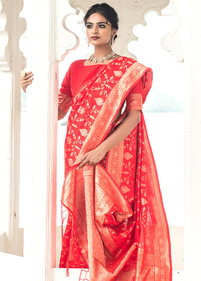 Red Spun Silk Saree With Blouse Piece - Indian Silk House Agencies