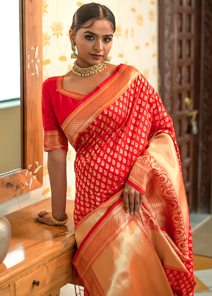 Red Spun Silk Saree With Blouse Piece - Indian Silk House Agencies