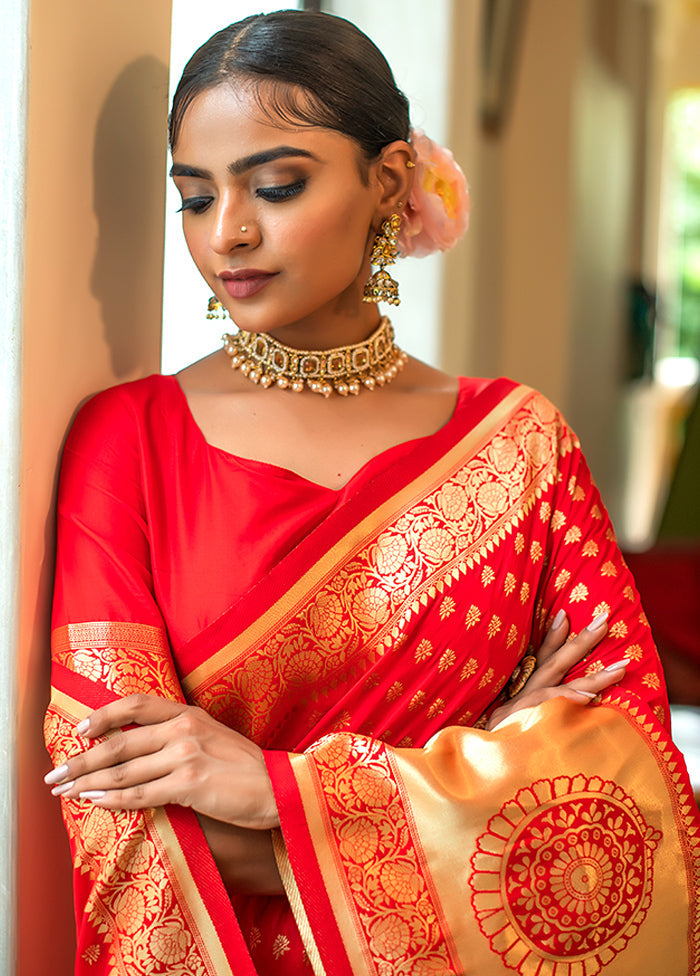 Red Spun Silk Saree With Blouse Piece - Indian Silk House Agencies