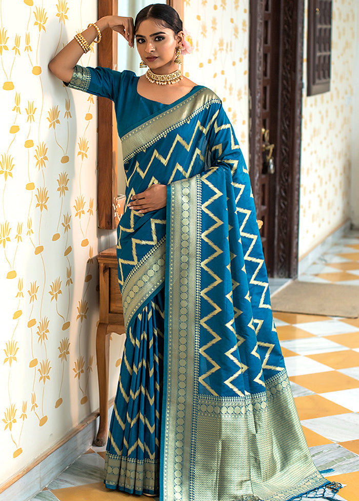 Ocean Blue Spun Silk Saree With Blouse Piece - Indian Silk House Agencies