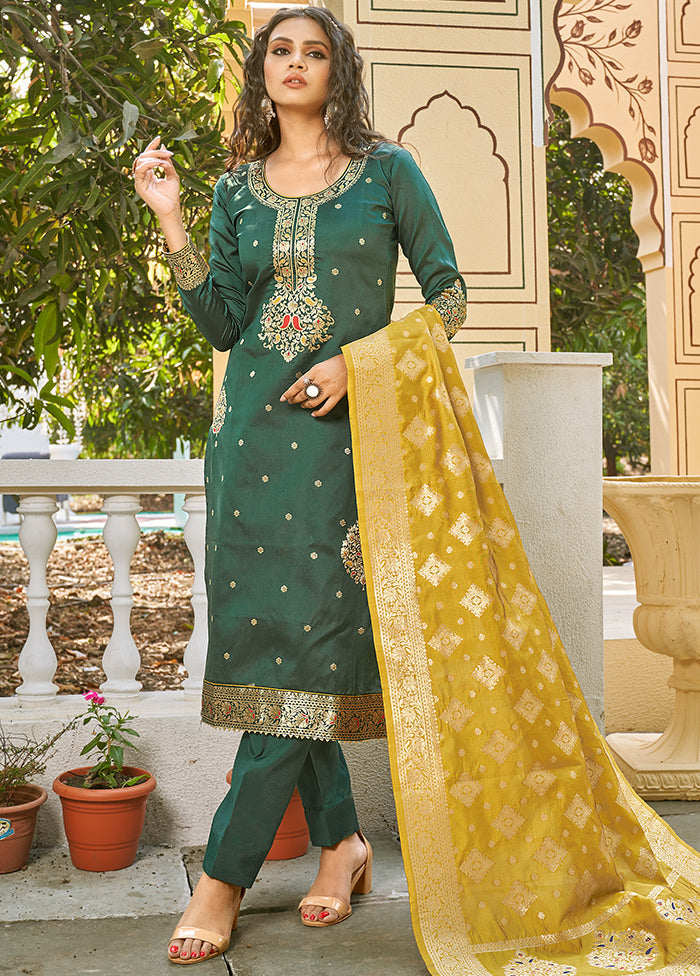 3 Pc Green Unstitched Silk Suit Set With Dupatta VDLL002270775 - Indian Silk House Agencies