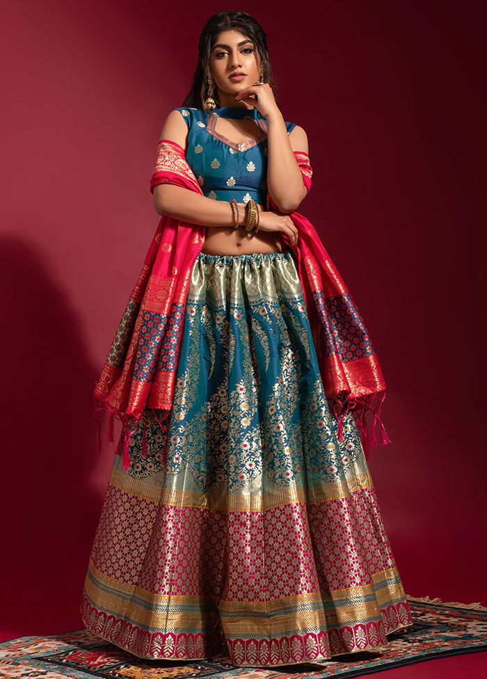 Blue Semi Stitched Silk Lehenga Choli Set With Dupatta - Indian Silk House Agencies