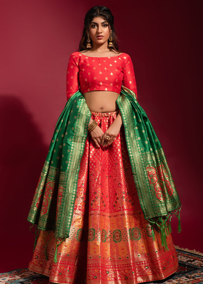 3 Pc Red Semi Stitched Woven Lehenga - Indian Silk House Agencies