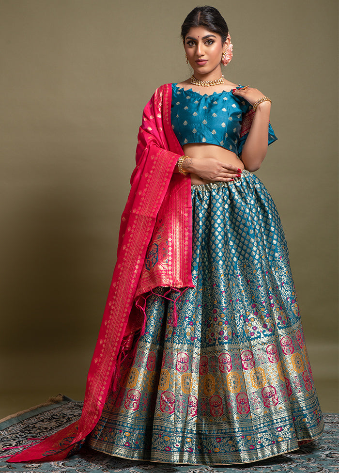 3 Pc Ocean Blue Semi Stitched Woven Lehenga - Indian Silk House Agencies