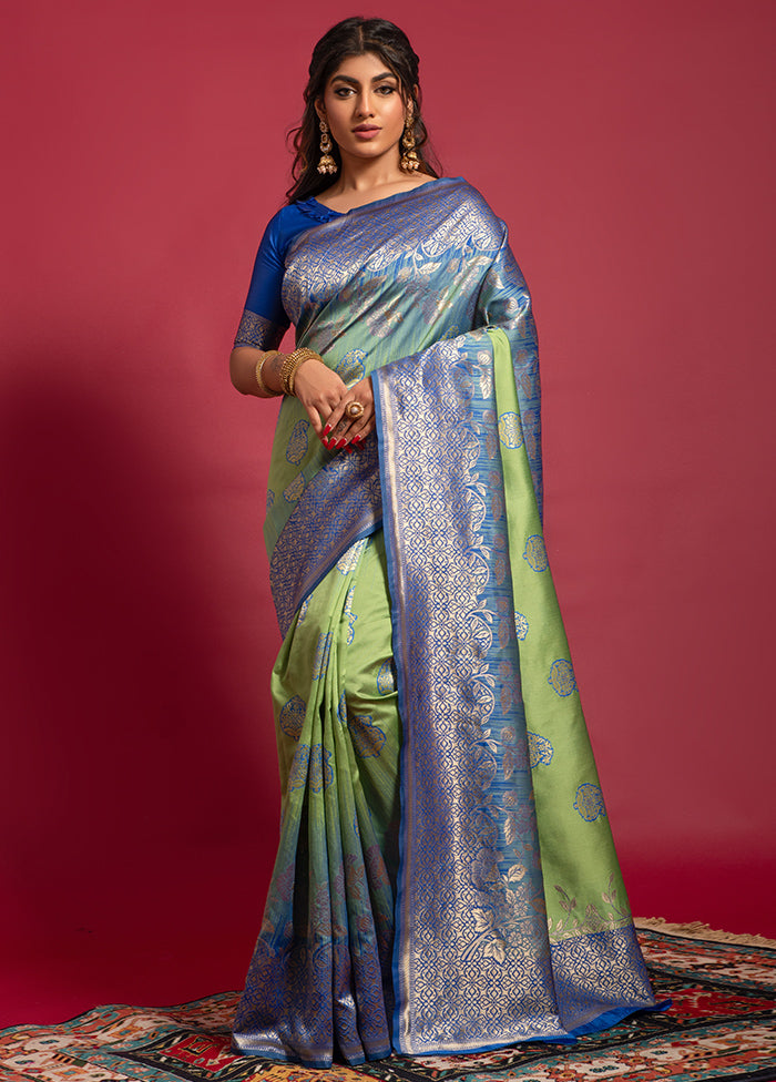 Green Spun Silk Saree With Blouse Piece - Indian Silk House Agencies