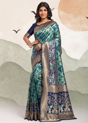 Teal Spun Silk Saree With Blouse Piece - Indian Silk House Agencies