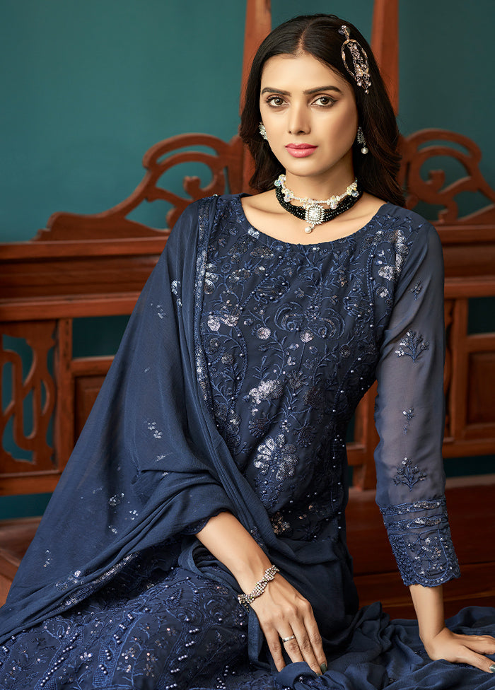 3 Pc Navy Blue Silk Suit Set With Dupatta VDLL2003232 - Indian Silk House Agencies