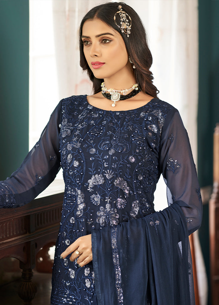 3 Pc Navy Blue Silk Suit Set With Dupatta VDLL2003232 - Indian Silk House Agencies