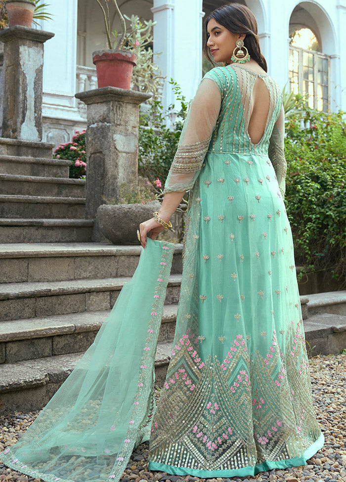 3 Pc Sea Green Net Suit Set With Dupatta VDLL0404231 - Indian Silk House Agencies