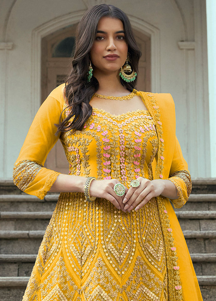 3 Pc Yellow Net Suit Set With Dupatta VDLL0404235 - Indian Silk House Agencies