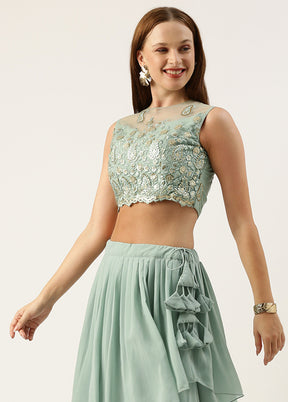 3 Pc Green Georgette Readymade Lehenga Set