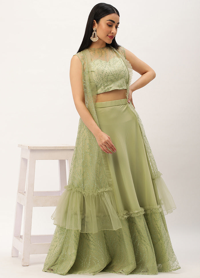 3 Pc Green Georgette Readymade Lehenga Set