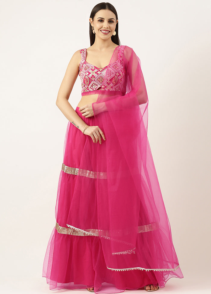 3 Pc Pink Net Readymade Lehenga Set