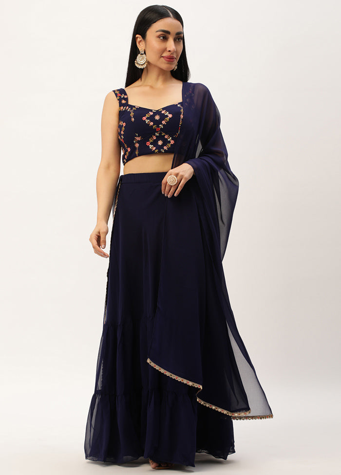 3 Pc Navy Blue Georgette Readymade Lehenga Set